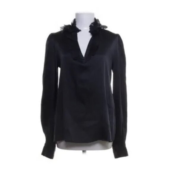 Armani Collezioni Gunmetal Gray Silk Ruffled V-Neck Blouse - Picture 1 of 11